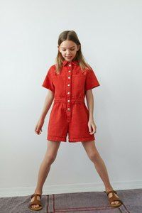 EUC ZARA Girls Red Denim Jumpsuit Romper Size 7